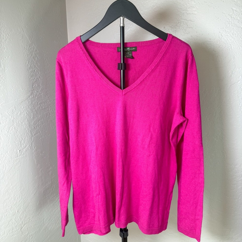 Eddie Bauer V-Neck Relaxed Hot Pink Cotton Lambswool Blend Sweater Size XL